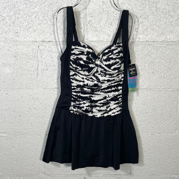 Swim Solutions Women's Printed Twist-Bra One-Piece Swimdress Black/White 8 - Picture 1 of 14